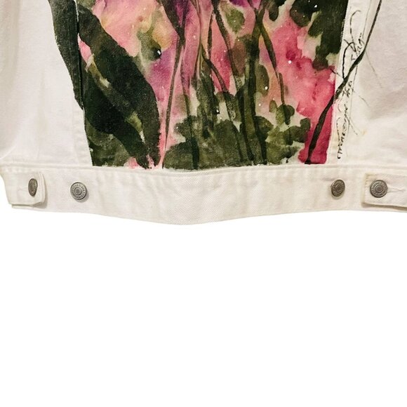 Vintage Jordache Jean Jacket Coat Hand Painted Floral Design White Size Large - Picture 11 of 11